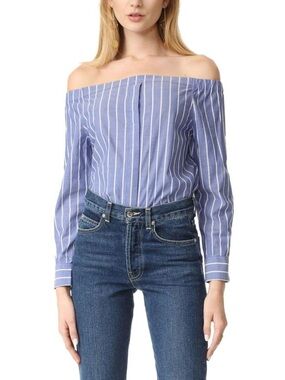 Equipment Femme Gretchen Off the Shoulder Blouse Size Small Blue White Striped